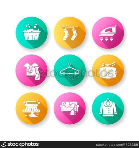 Laundry and cleanup service flat design long shadow glyph icons set. Handwash and outdoor drying, fabric ironing. Fur, furniture and pillow dry cleaning. Silhouette RGB color illustrations