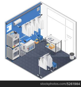 Laundry And Dry Cleaning Isometric Concept. Laundry and dry cleaning isometric concept with washing machines and iron vector illustration