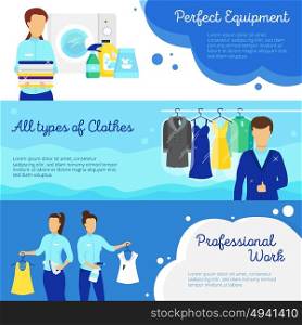 Laundry Banners Set . Laundry horizontal banners set with professional work symbols flat isolated vector illustration