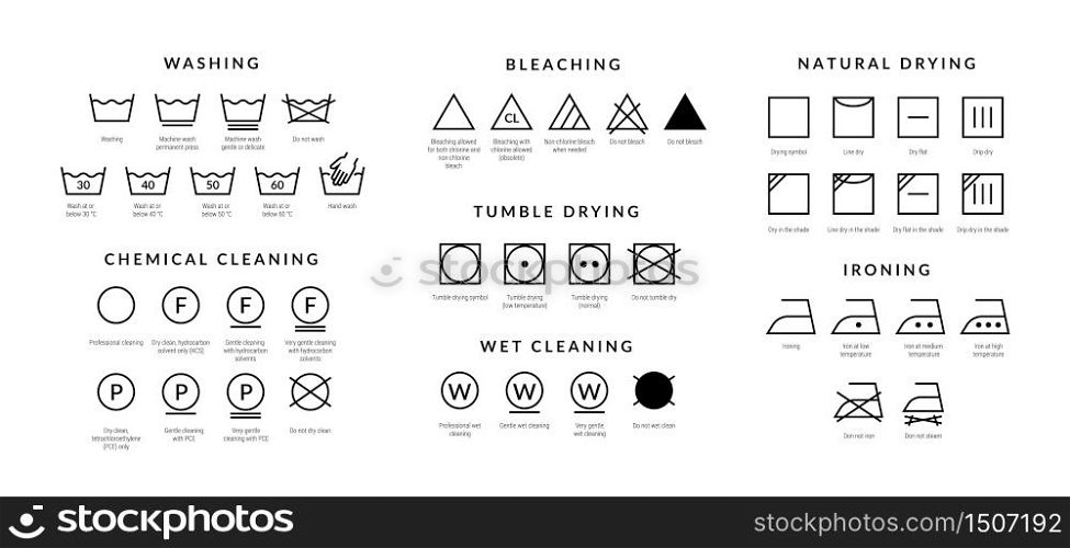 Laundry care icons. Machine and hand wash advice symbols, fabric cotton cloth type for garment labels. Vector illustrations symbolism wash description. Laundry care icons. Machine and hand wash advice symbols, fabric cotton cloth type for garment labels. Vector wash description