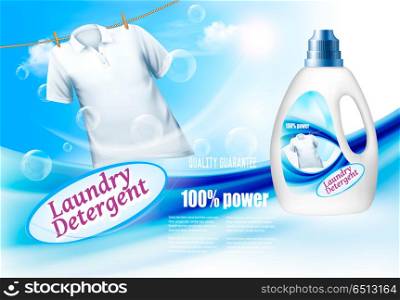 Laundry detergent ads. Plastic bottle and white shirt on rope. . Laundry detergent ads. Plastic bottle and white shirt on rope. Design template. Vector. Laundry detergent ads. Plastic bottle and white shirt on rope. Design template. Vector
