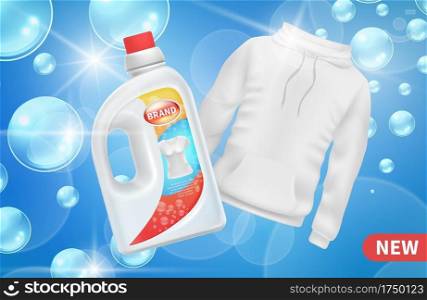 Laundry detergent advertising. Realistic bottle detergent. Washing clothes vector poster with white hoodie. Detergent laundry advertising, ad packaging bottle illustration. Laundry detergent advertising. Realistic bottle detergent. Washing clothes vector poster with white hoodie