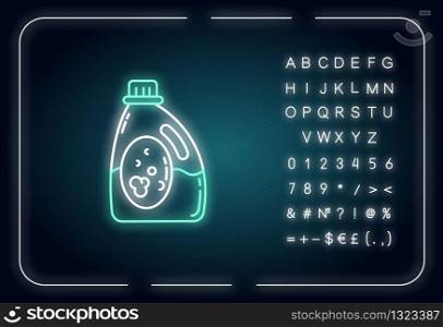 Laundry detergent neon light icon. Liquid whitener, linen bleach, cleanser, stain remover. Outer glowing effect. Sign with alphabet, numbers and symbols. Vector isolated RGB color illustration