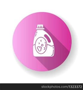Laundry detergent purple flat design long shadow glyph icon. Cleaning product package, liquid whitener, linen bleach bottle. Clothes cleanser, stain remover. Silhouette RGB color illustration