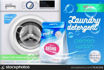 Laundry detergent realistic colored banner with perfect wash advertising headlines ribbons and descriptions vector illustration