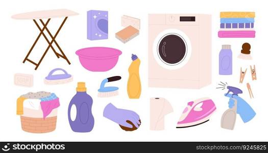 Laundry elements collection, washer, wash powder in box and cleaning spray. Paper towel and soap, dirty clothes basket. Cartoon house clean racy vector of washer and laundry machine illustration. Laundry elements collection, washer, wash powder in box and cleaning spray. Paper towel and soap, dirty clothes basket. Cartoon house clean racy vector clipart