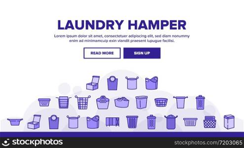 Laundry Hamper Basket Landing Web Page Header Banner Template Vector. Laundry Hamper And Bag For Dirty Clothes, Container And Package Textile Storaging Illustrations. Laundry Hamper Basket Landing Header Vector