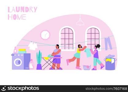 Laundry home concept with washing and ironing symbols flat vector illustration