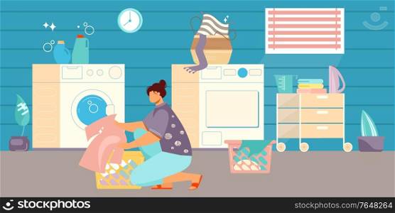 Laundry home flat composition with domestic bathroom interior with washing machine and female character with clothes vector illustration