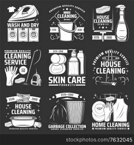 Laundry, house cleaning icons. Vector washing machine, vacuum cleaner and rubber gloves, litter bin, detergent and utensil. Home cleaning supplies and bathroom accessories isolated monochrome signs. Laundry, house cleaning icons, vector accessories