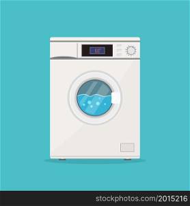 laundry. Icon of wash machine. Close washer. Wash machine with drum, window, door, button and item panel. Washingmachine with detergent in laundering process. Home equipment in front. Vector.. laundry. Icon of wash machine. Close washer. Wash machine with drum, window, door, button and item panel. Washingmachine with detergent in laundering process. Home equipment in front. Vector