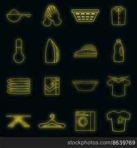 Laundry icons set. Illustration of 16 laundry vector icons neon color on black. Laundry icons set vector neon