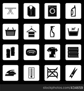 Laundry icons set in white squares on black background simple style vector illustration. Laundry icons set squares vector