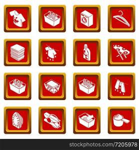 Laundry icons set vector red square isolated on white background . Laundry icons set red square vector