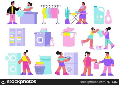 Laundry icons set with clean clothes symbols flat isolated vector illustration