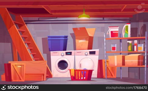 Laundry in basement, home cellar interior with washing and dryer machines, detergents on shelves, basket with dirty linen and carton boxes near wooden ladder, background, Cartoon vector illustration. Laundry in basement, cartoon home cellar interior