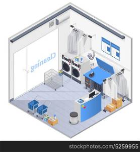 Laundry Interior Isometric Composition . Laundry Interior isometric composition with washing machines and reception vector illustration
