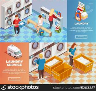 Laundry Isometric Dry Cleaning Banners. Colorful horizontal laundry service room with facilities for washing drying and cleaning banners set isometric isolated vector illustration