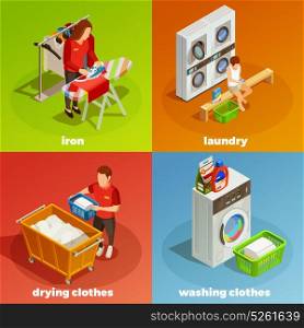Laundry Isometric Dry Cleaning Composition. Colorful laundry ironing drying washing and cleaning clothes 2x2 isometric composition isolated vector illustration