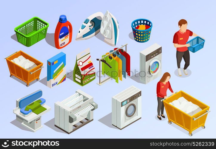 Laundry Isometric Elements Set. Laundry isometric dry-cleaning set with cleaning agents washing machines clothes dryer and faceless human characters vector illustration