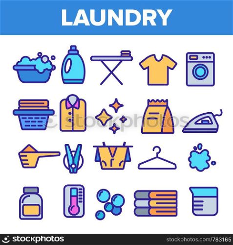 Laundry Line Icon Set Vector. Washing Machine. Clean Dry Cotton. Cloth Laundry Pictogram. Thin Outline Illustration. Laundry Line Icon Set Vector. Washing Machine. Clean Dry Cotton. Cloth Laundry Pictogram. Thin Outline Web Illustration