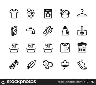 Laundry line icons. Clean and dirty t-shirt, different types of fabric and washing types. Vector manual and machine wash set for perfect smell domestic dry clothes or folded towels. Laundry line icons. Clean and dirty t-shirt, different types of fabric and and washing types. Vector manual and machine wash set