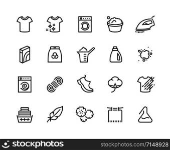 Laundry line icons. Cleaning, hand and machine washing of different types of fabric, dirty and clean t-shirts. Vector illustration symbol laundry equipment set with iron, feather, detergent, cleaner. Laundry line icons. Cleaning, hand and machine washing of different types of fabric, dirty and clean t-shirts. Vector laundry set