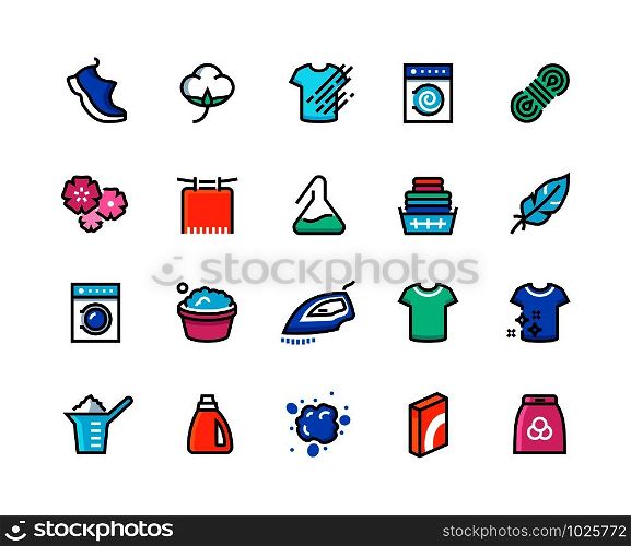 Laundry line icons. Machine and hand wash, sport wool synthetic fabric types, clean and dirty cloth outline symbols. Vector laundry color pictograms set to illustrate the washing and drying process. Laundry line icons. Machine and hand wash, sport wool synthetic fabric types, clean and dirty cloth. Vector laundry pictograms set