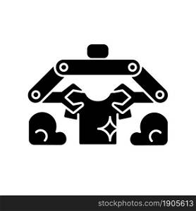 Laundry robot black glyph icon. Folding clothes with robotic arms. Artificial intelligence. Laundry-folding machine. Washing clothes. Silhouette symbol on white space. Vector isolated illustration. Laundry robot black glyph icon