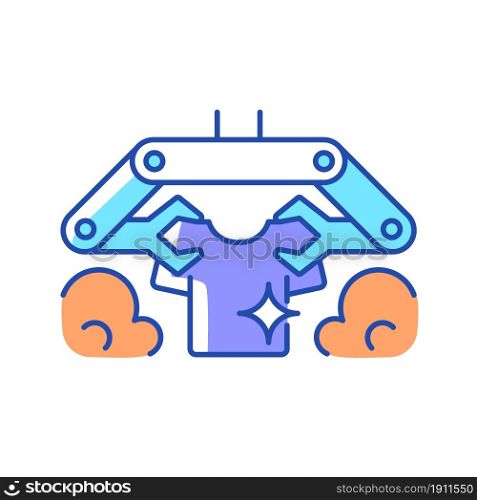 Laundry robot RGB color icon. Folding clothes with robotic arms. Using artificial intelligence. Laundry-folding machine. Washing clothes. Isolated vector illustration. Simple filled line drawing. Laundry robot RGB color icon
