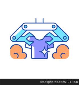 Laundry robot RGB color icon. Folding clothes with robotic arms. Using artificial intelligence. Laundry-folding machine. Washing clothes. Isolated vector illustration. Simple filled line drawing. Laundry robot RGB color icon