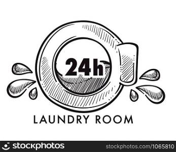Laundry room 24 hours every day and night logotype isolated icon vector monochrome sketch outline of clothing cleaning service washing machine sign with water splashes colorless symbol clean.. Laundry room 24 hours every day and night logotype