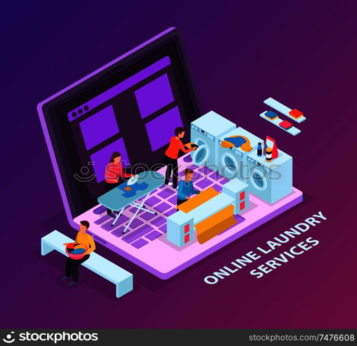 Laundry room isometric background concept with image of laptop computer and washers on top of keyboard vector illustration