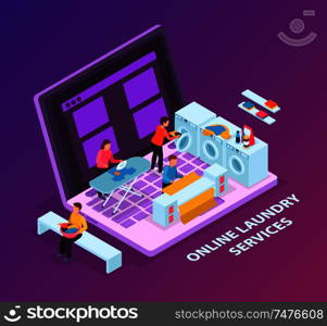 Laundry room isometric background concept with image of laptop computer and washers on top of keyboard vector illustration