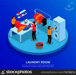 Laundry room isometric background with editable text and circle platform with human characters and wash linen vector illustration