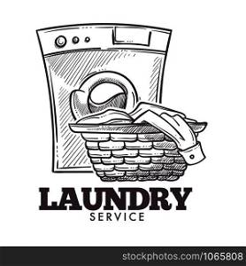 Laundry room open daily everyday public service vector. Monochrome sketch outline of basket filled with clothes and towels need to be washed. Domestic household chores, laundromat tasks. Laundry room open daily everyday public service vector.