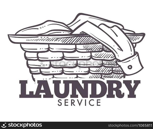 Laundry room open daily everyday public service vector. Monochrome sketch outline of basket filled with clothes and towels need to be washed. Domestic household chores, laundromat tasks. Laundry room open daily everyday public service vector.
