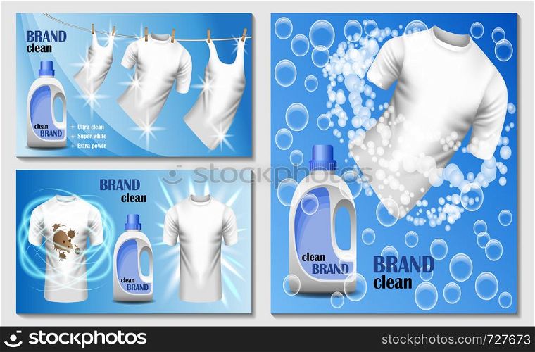 Laundry room washing banner concept set. Realistic illustration of 3 laundry room washing vector banner horizontal concepts for web. Laundry room banner concept set, realistic style