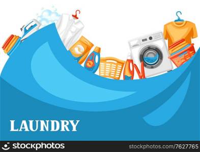 Laundry service background with professional items. Washing and cleaning illustration.. Laundry service background with professional items.