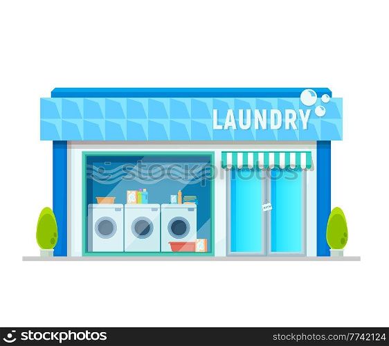 Laundry service building, laundromat or washing shop vector icon. Clothes cleaning room and laundry washing store with washers and dryer machines, business and commercial architecture. Laundry service building, washing shop
