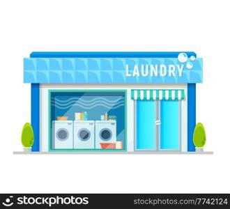 Laundry service building, laundromat or washing shop vector icon. Clothes cleaning room and laundry washing store with washers and dryer machines, business and commercial architecture. Laundry service building, washing shop