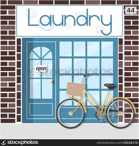 Laundry service facade. Laundry service facade. Banner with the word laundry and bubbles. bicycle with a basket. Vector illustration.