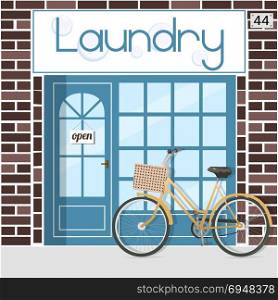 Laundry service facade. Laundry service facade. Banner with the word laundry and bubbles. bicycle with a basket. Vector illustration.