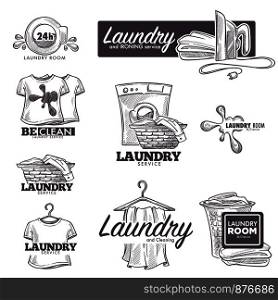 Laundry service logo sketch retro set. Vector washing machine and soap or water splash, laundry room or laundromat clothes in basket,dirt stain on t-shirt and iron. Laundry service vector sketch icons