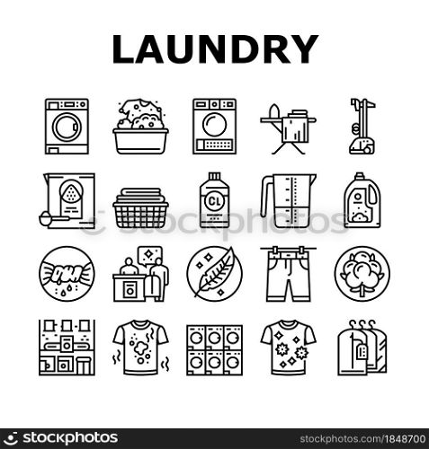 Laundry Service Washing Clothes Icons Set Vector. Laundry And Drying Machine For Wash And Dry Textile Clothing, Steam And Iron Device For Clean Garment Black Contour Illustrations. Laundry Service Washing Clothes Icons Set Vector