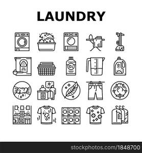 Laundry Service Washing Clothes Icons Set Vector. Laundry And Drying Machine For Wash And Dry Textile Clothing, Steam And Iron Device For Clean Garment Black Contour Illustrations. Laundry Service Washing Clothes Icons Set Vector