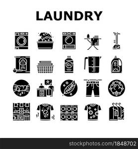 Laundry Service Washing Clothes Icons Set Vector. Laundry And Drying Machine For Wash And Dry Textile Clothing, Steam And Iron Device For Clean Garment Glyph Pictograms Black Illustrations. Laundry Service Washing Clothes Icons Set Vector