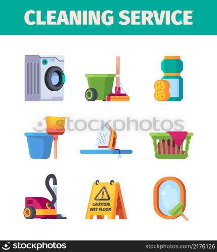 Laundry service. Washing tools cleaning items housekeeping garish vector flat collection. Illustration laundry cleaner tool, washing cleaning and housekeeping. Laundry service. Washing tools cleaning items housekeeping garish vector flat collection