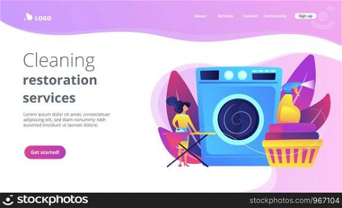 Laundry service worker ironing, washing machine. Dry cleaning and laundering, laundry facilities industry, cleaning and restoration services concept. Website vibrant violet landing web page template.. Dry cleaning and laundering concept landing page.