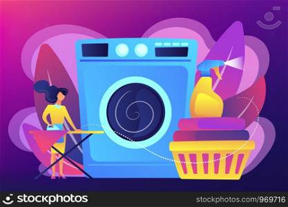Laundry service worker ironing, washing machine. Dry cleaning and laundering, laundry facilities industry, cleaning and restoration services concept. Bright vibrant violet vector isolated illustration. Dry cleaning and laundering concept vector illustration.